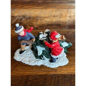 Vintage Mervyns Christmas Village Figurine - Kids With Snowy Tree - Holiday Deco